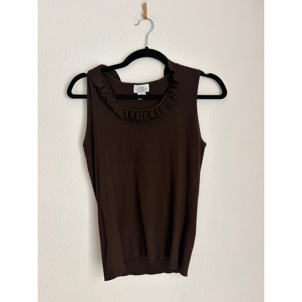 Ann Taylor‎ Loft Womens Brown Ruffle Neck Sleeveless Knit Sweater Top Size S